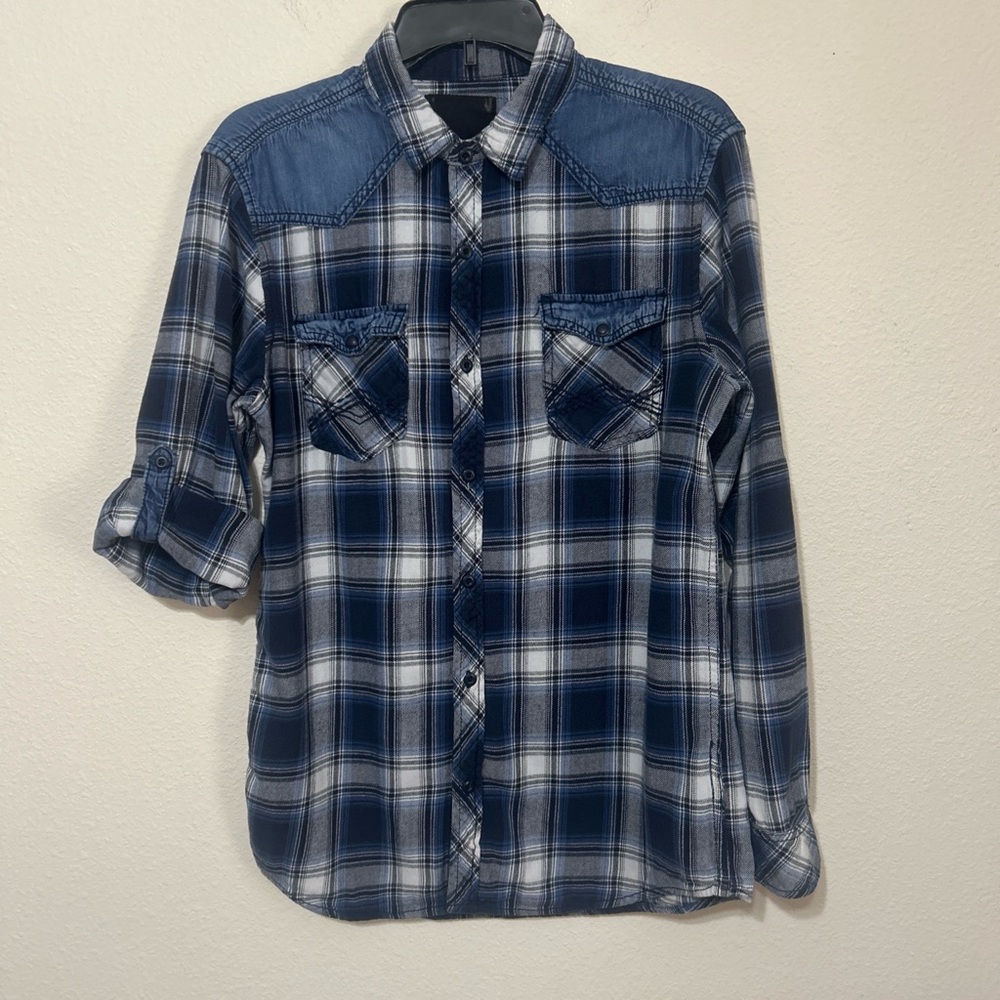 Rerun Men's Blue Plaid Flannel Button Up with Denim Yoke Accents - Picture 3 of 8